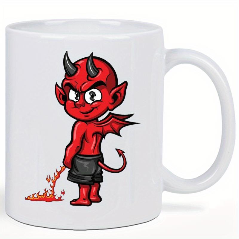 Tailorly White Ceramic 11 oz Mug - Naughty Red Cartoon Character With Horns And Small Wings Devil