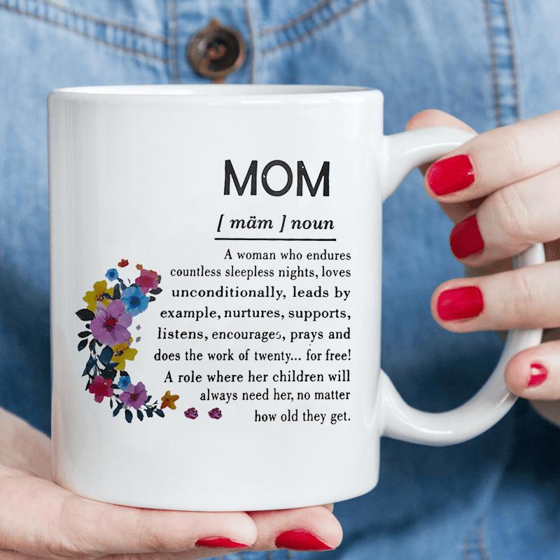 Tailorly White Ceramic 11 oz Mug - Mom Vibrant Floral Crescent Wreath With Colorful Blossoms Surrounding Dictionary Definition Mug