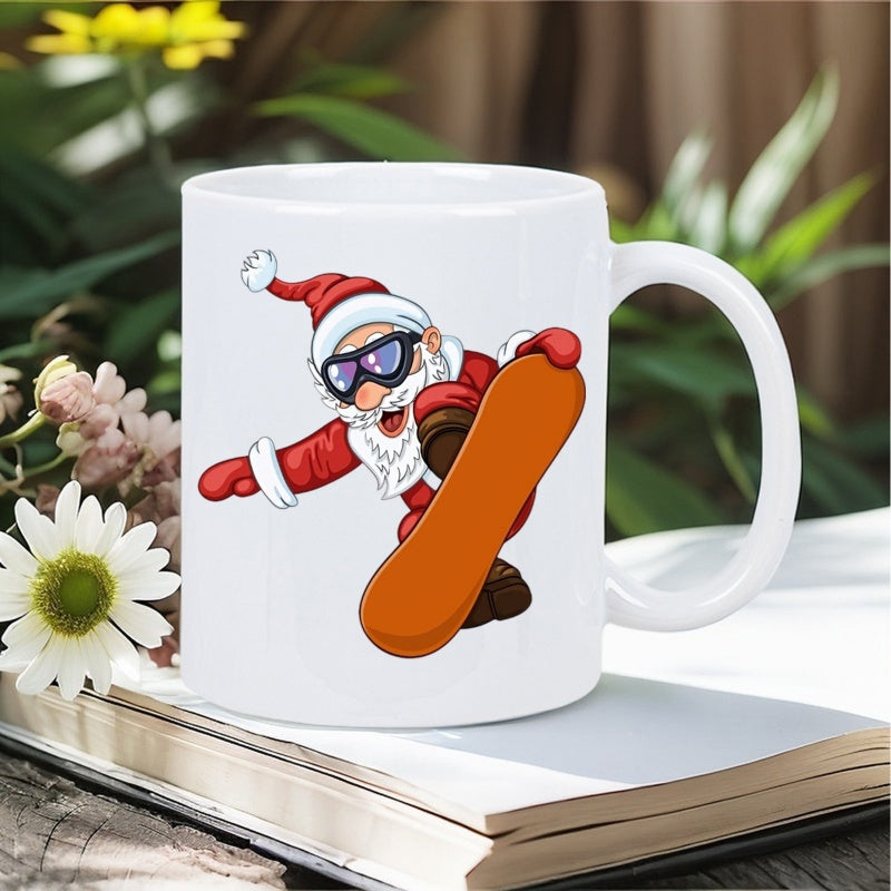 Tailorly White Ceramic 11 oz Mug - Cartoon Character Wearing Red Suit Snowboarding On A Vibrant Orange Board Santa