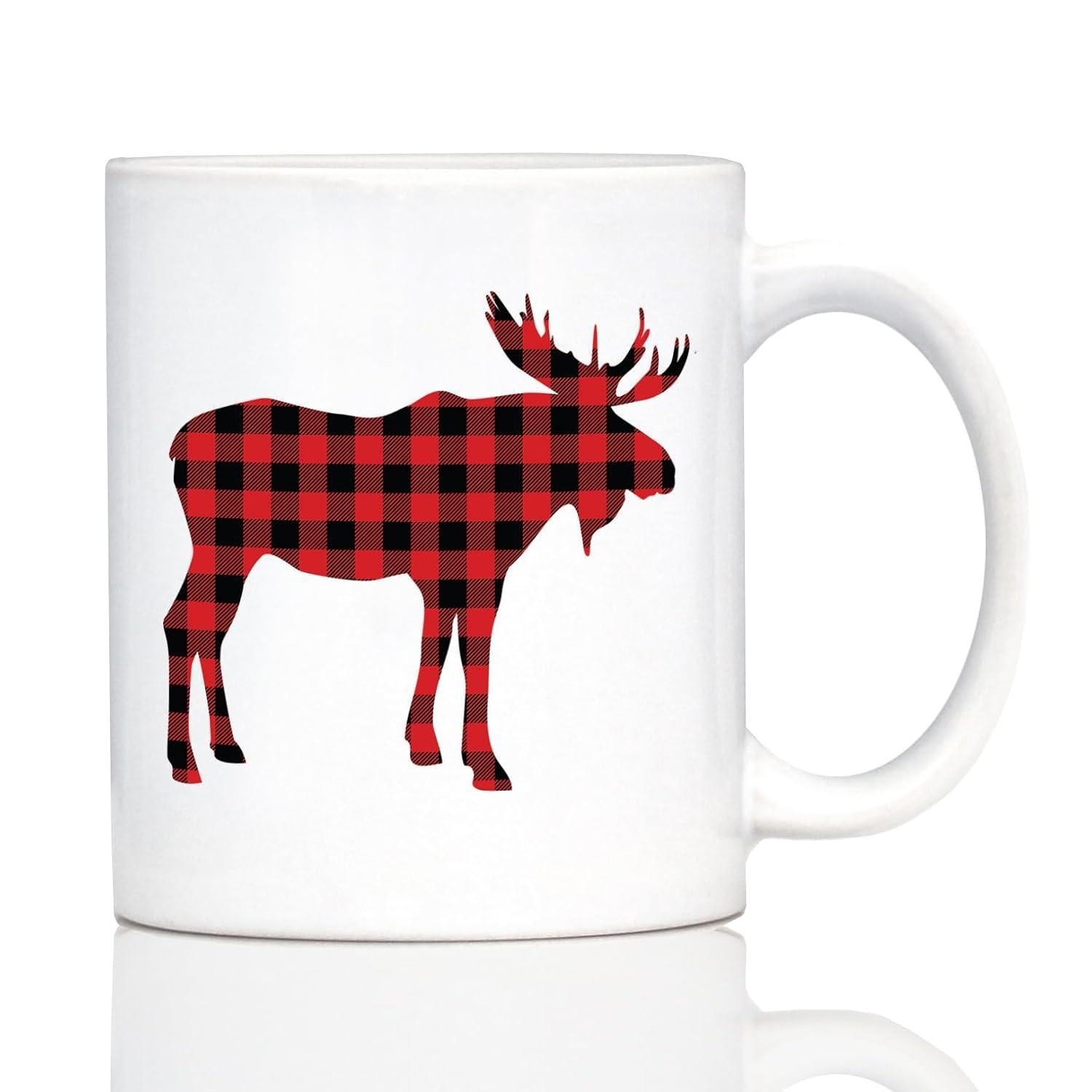 Tailorly White Ceramic 11 oz Mug - Red And Black Buffalo Plaid Pattern Featuring A Wild Forest Animal Moose