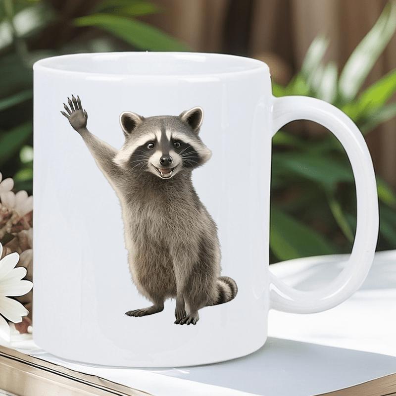 Tailorly White Ceramic 11 oz Mug - Friendly Forest Creature Waving Its Paw While Sitting In Greeting Raccoon