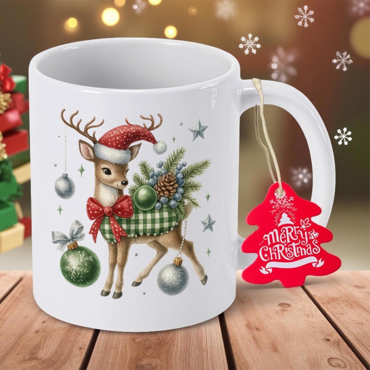 Tailorly White Ceramic 11 oz Mug - Merry Christmas Festive Holiday Animal Wearing Santa Hat Among Sparkling Christmas Baubles Reindeer