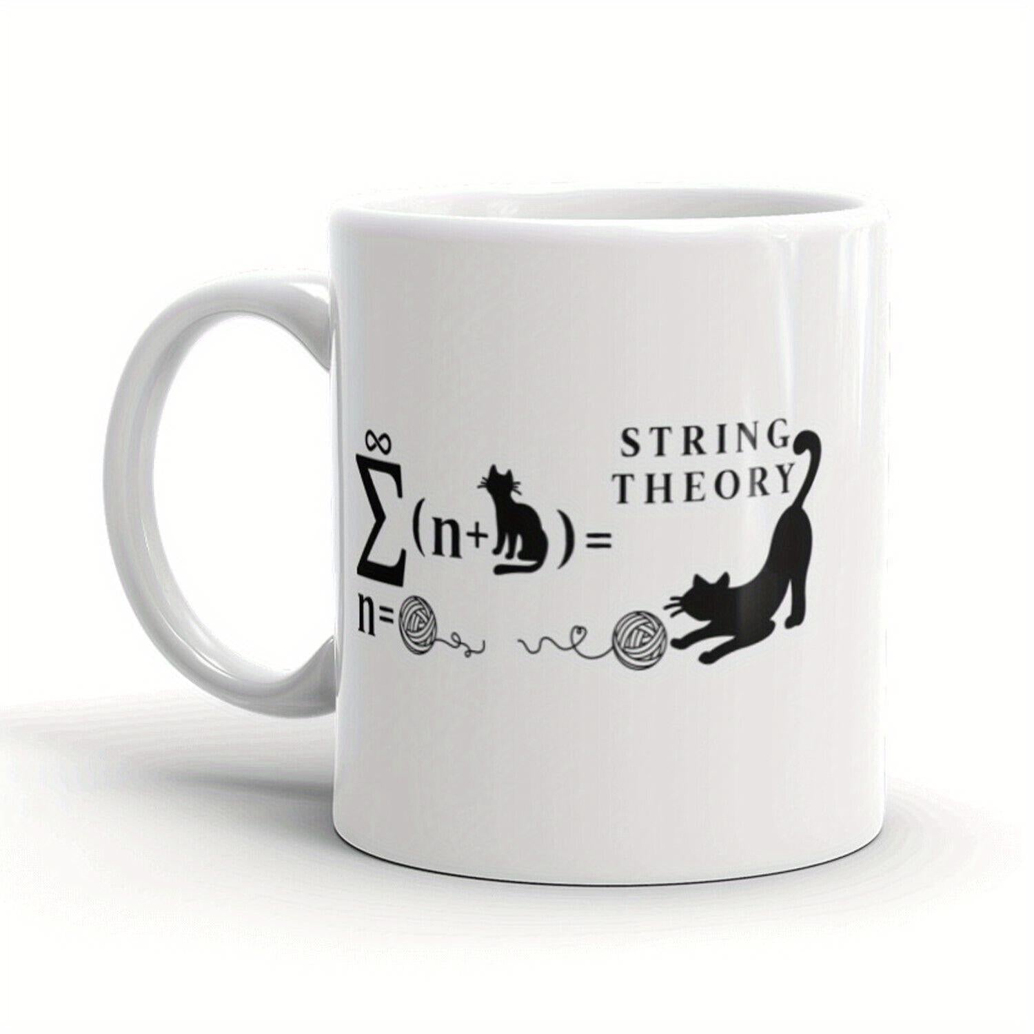Tailorly White Ceramic 11 oz Mug - String Theory Playful Black Felines Interacting With Mathematical Equation Symbols And Yarn Balls Cat
