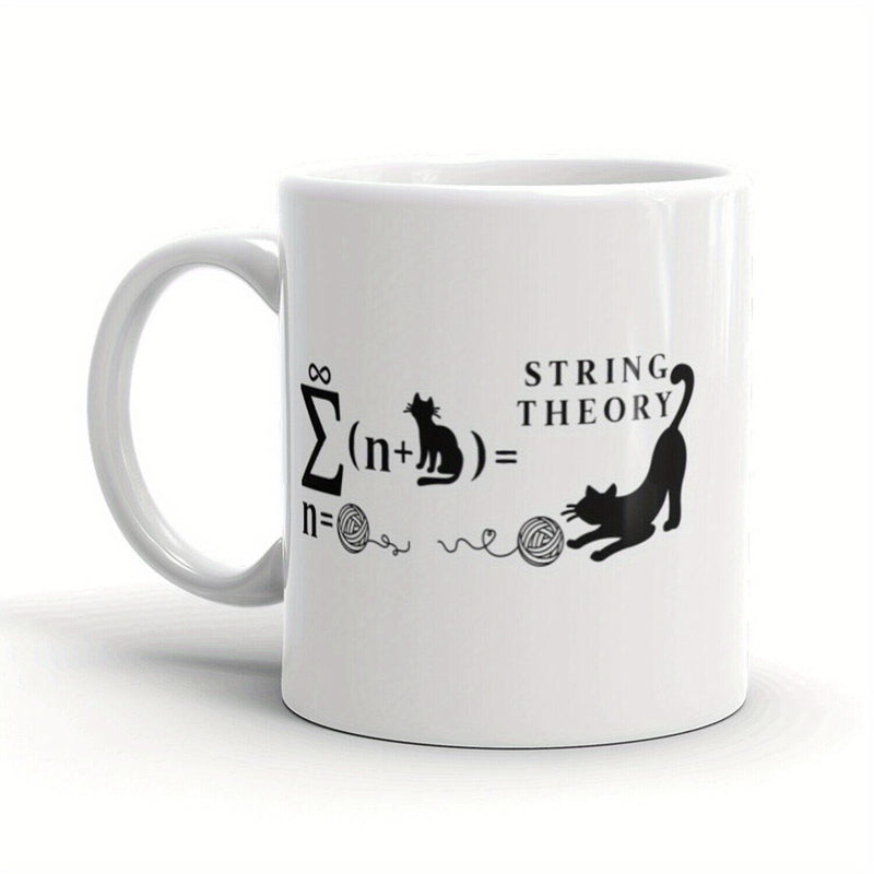 Tailorly White Ceramic 11 oz Mug - String Theory Playful Black Felines Interacting With Mathematical Equation Symbols And Yarn Balls Cat
