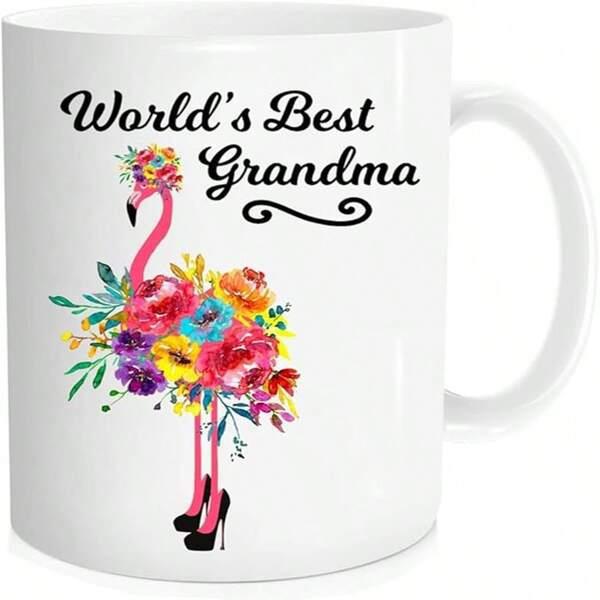 Tailorly White Ceramic 11 oz Mug - Worlds Best Grandma Elegant Pink Flamingo Adorned With Vibrant Floral Blossoms Wearing High Heels Flamingo