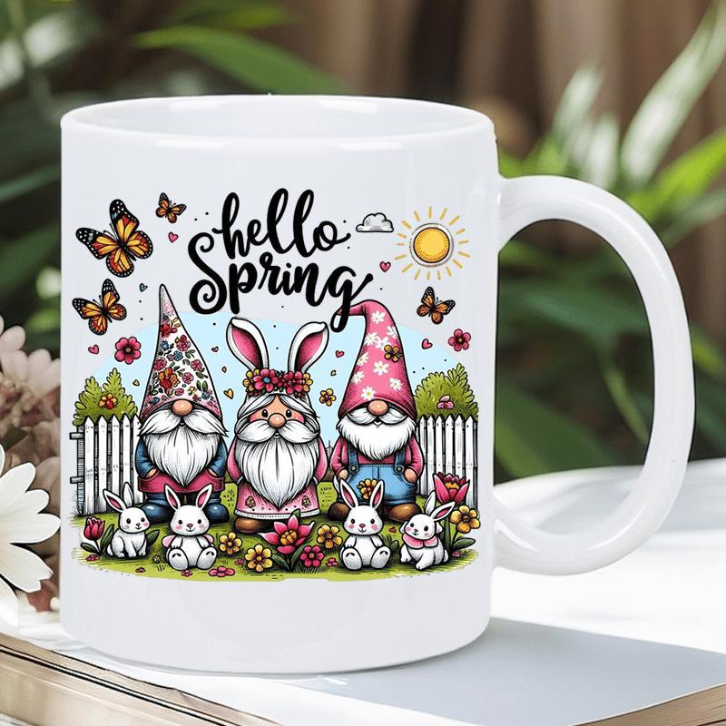 Tailorly White Ceramic 11 oz Mug - Hello Spring Three Whimsical Garden Gnomes With Butterflies And Bunnies Under The Sun Gnome