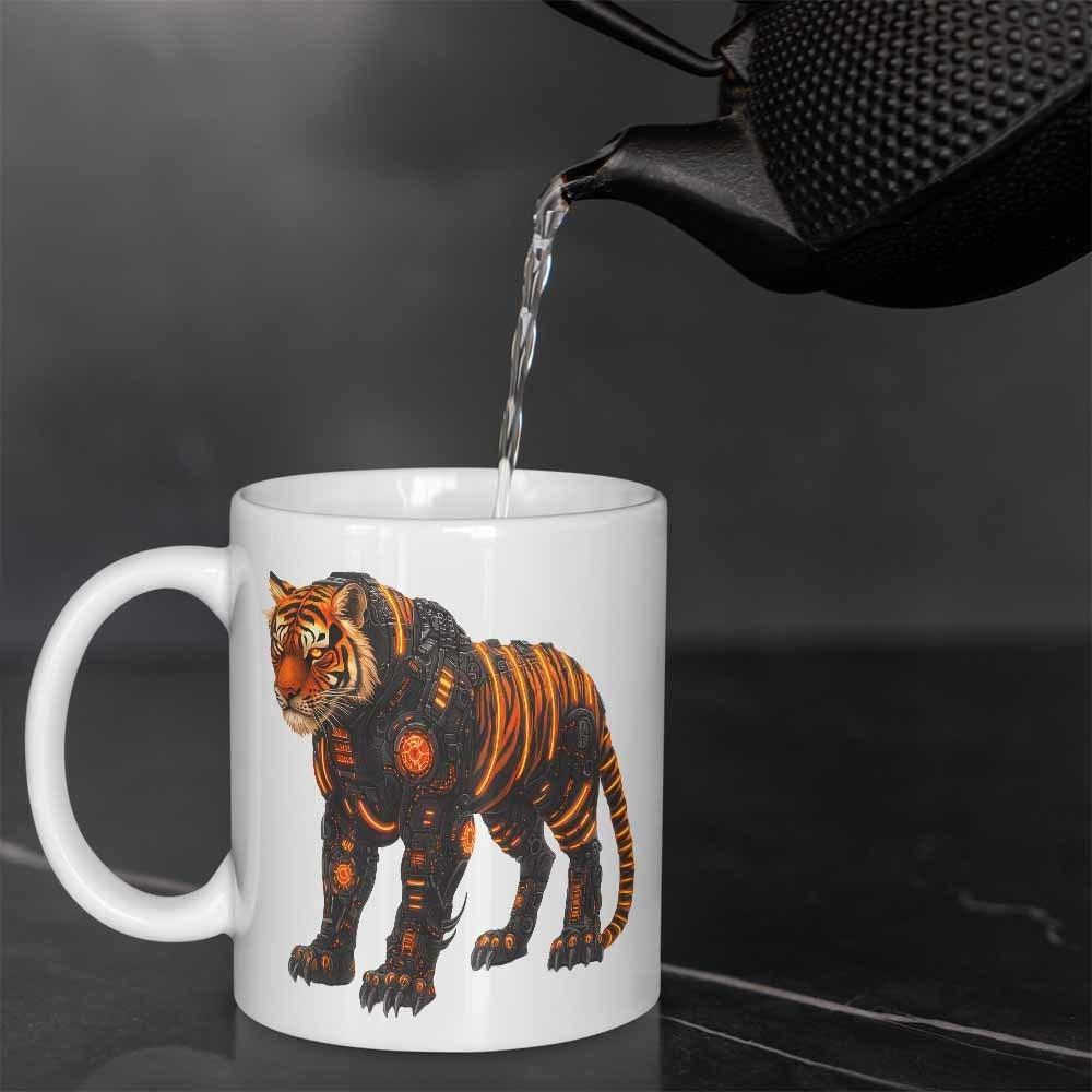 Tailorly White Ceramic 11 oz Mug - Mechanical Intricate Gears Glowing Orange Metal Plates Powerful Walking Stance Tiger