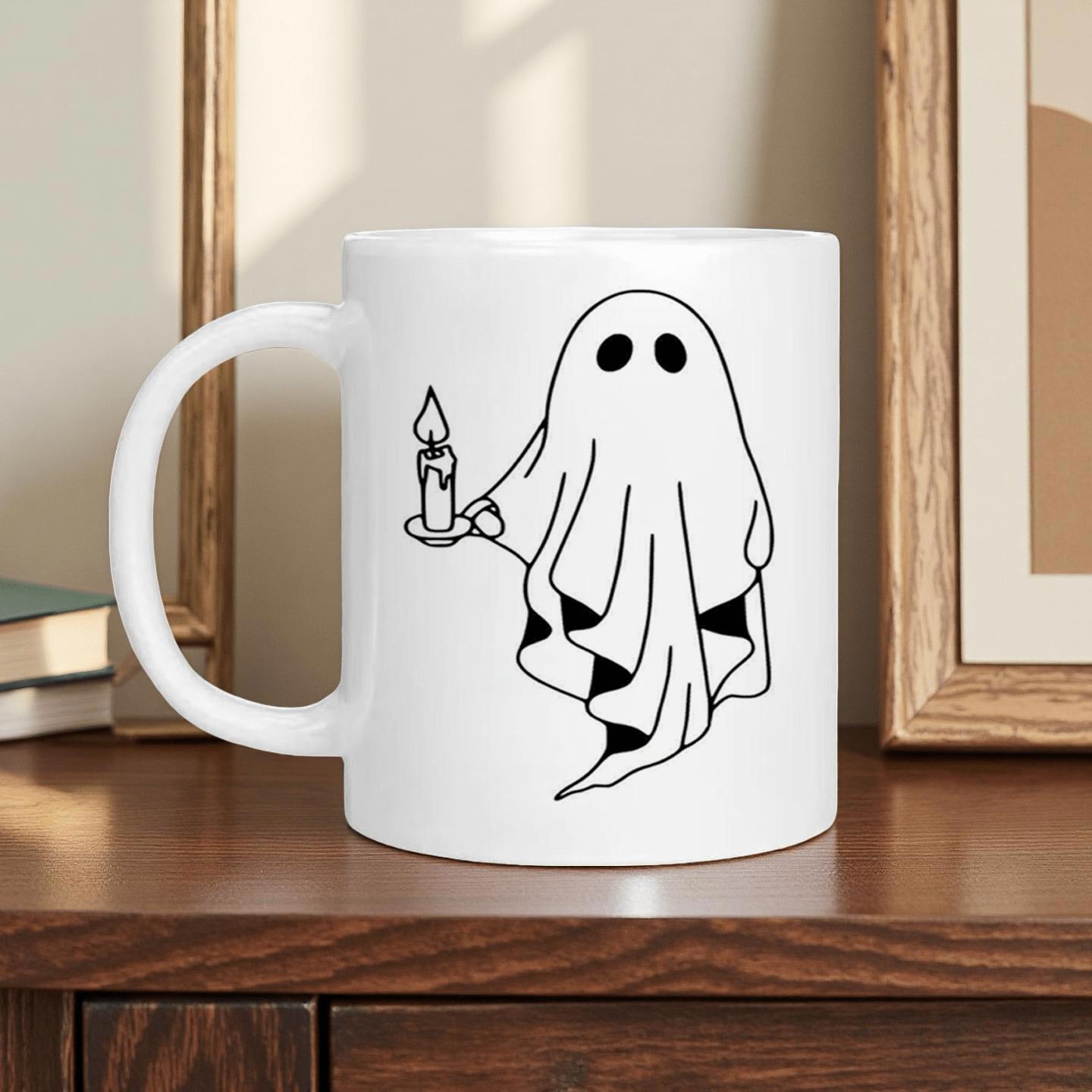 Tailorly White Ceramic 11 oz Mug - Minimalist Black Line Art Sketch Holding A Glowing Melting Candle Ghost