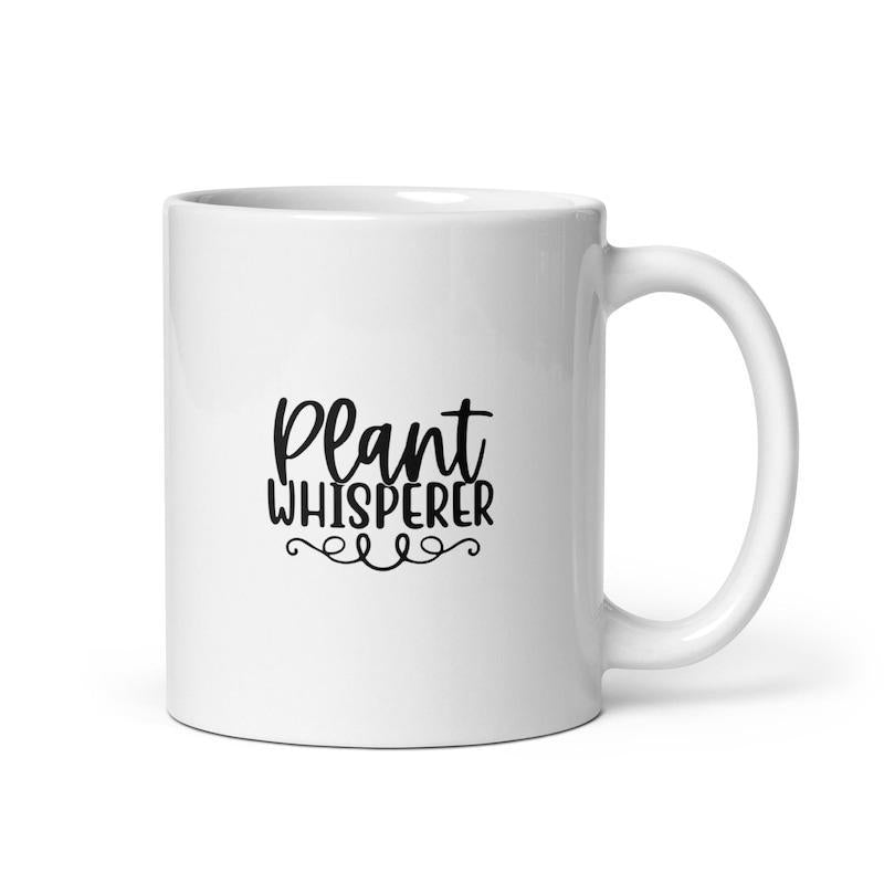 Tailorly White Ceramic 11 oz Mug - Plant Whisperer Simple Minimalist White Ceramic With Decorative Cursive Lettering And Elegant Swirls Mug