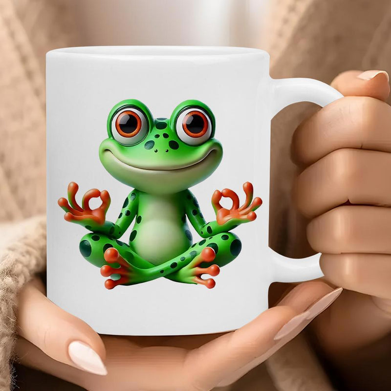 Tailorly White Ceramic 11 oz Mug - Green Spotted Character Sitting In Peaceful Zen Meditation Yoga Pose Frog