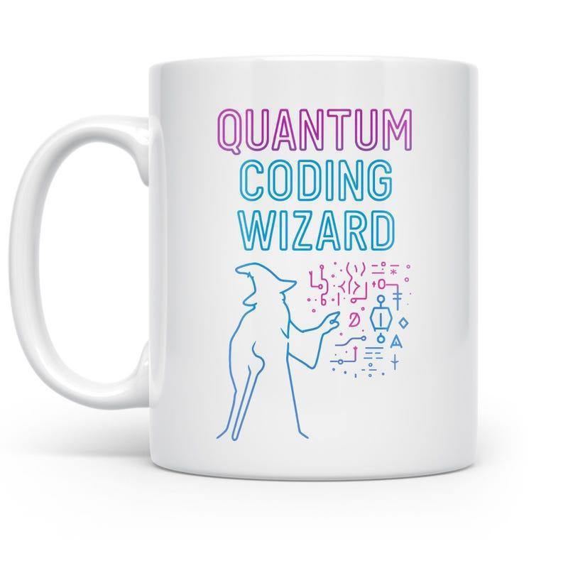 Tailorly White Ceramic 11 oz Mug - Quantum Coding Wizard Minimalist Line Art Stylized Character Performing Digital Magic With Abstract Symbols Wizard