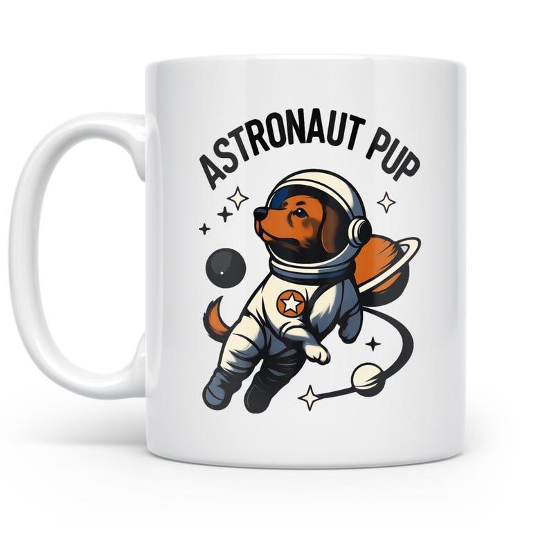 Tailorly White Ceramic 11 oz Mug - Astronaut Pup Adorable Brown Dog Floating In Outer Space Near Planets And Stars Pup