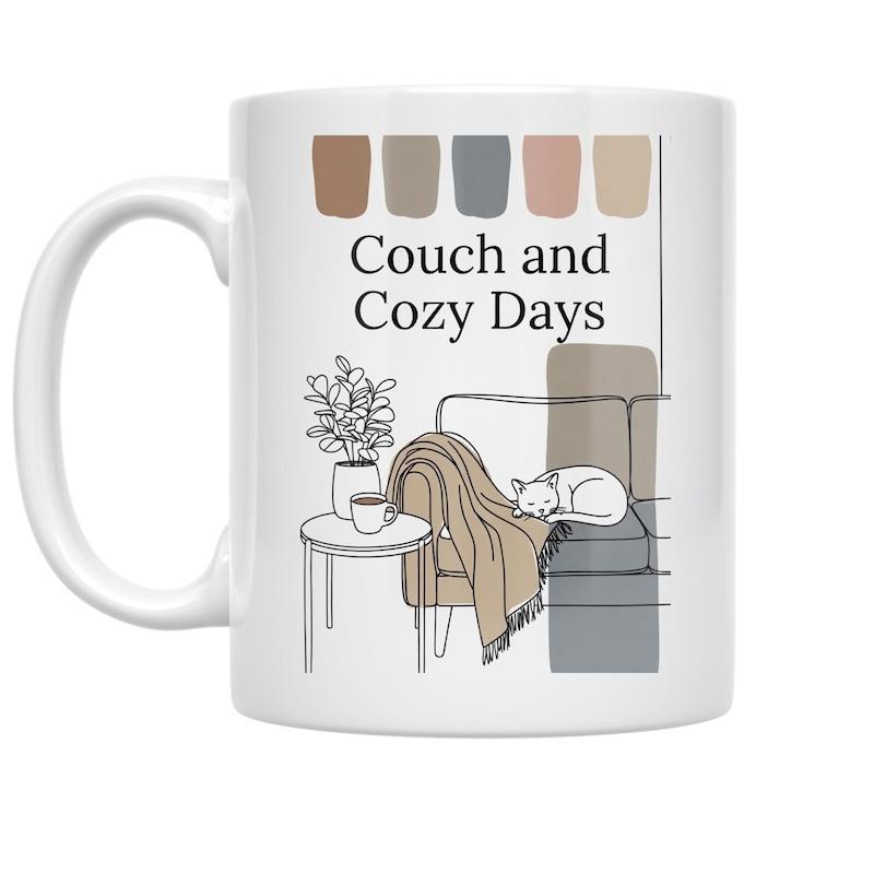 Tailorly White Ceramic 11 oz Mug - Couch And Cozy Days Minimalist Line Art Scene With Sleeping Cat And Soft Blanket Mug