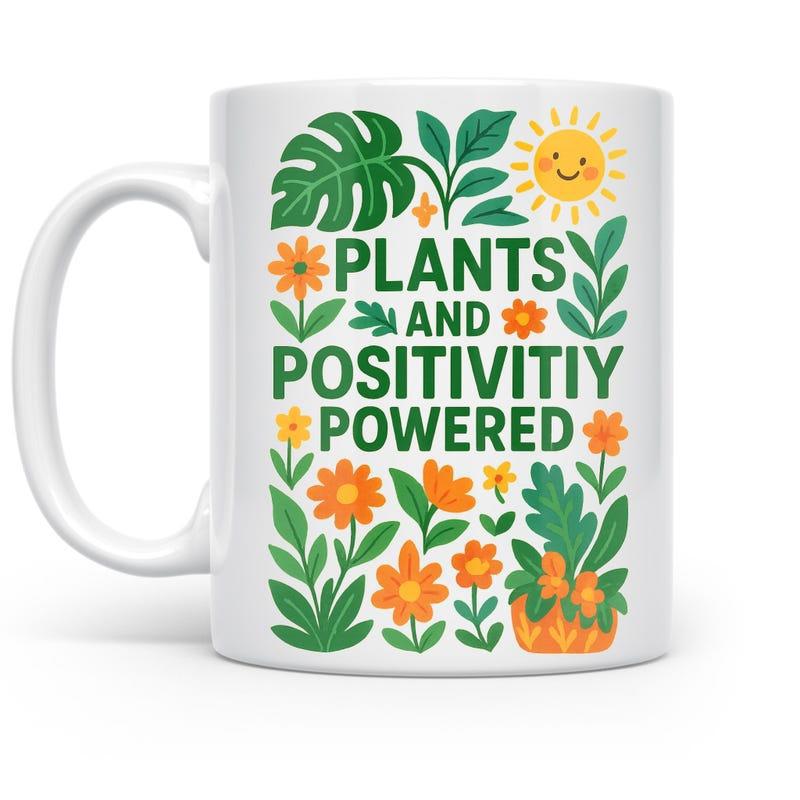 Tailorly White Ceramic 11 oz Mug - Plants And Positivitiy Powered Vibrant Green Monstera Leaves With Blooming Orange Flowers And Smiling Sun Plant