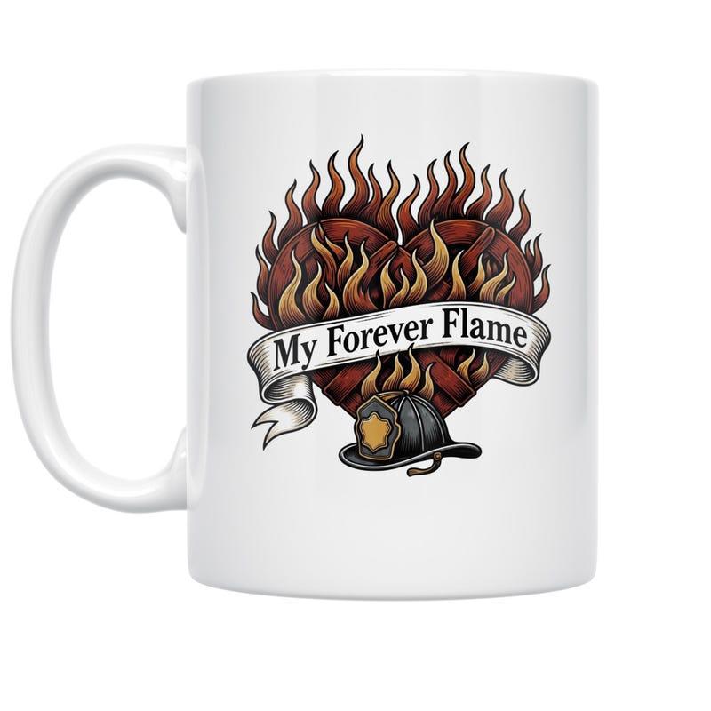 Tailorly White Ceramic 11 oz Mug - My Forever Flame Burning Sacred Heart Wrapped In Banner Above Traditional Firefighter Helmet Heart