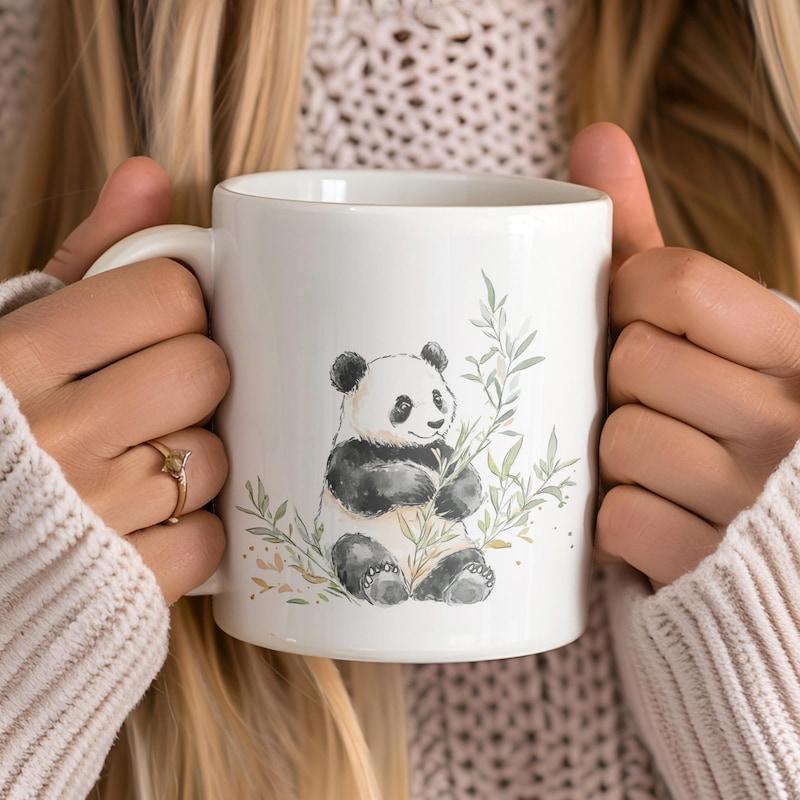 Tailorly White Ceramic 11 oz Mug - Adorable Watercolor Style Giant Panda Sitting Among Green Bamboo Leaves Panda