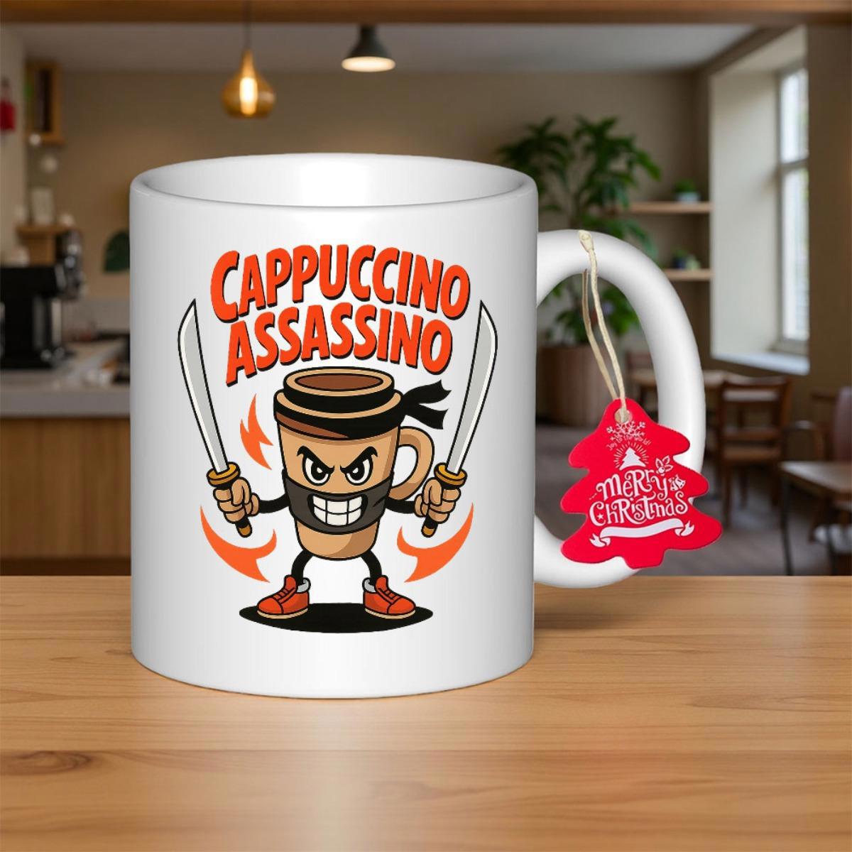 Tailorly White Ceramic 11 oz Mug - Cappuccino Funny Cartoon Coffee Ninja Character Holding Dual Swords Wearing Sneakers Mug
