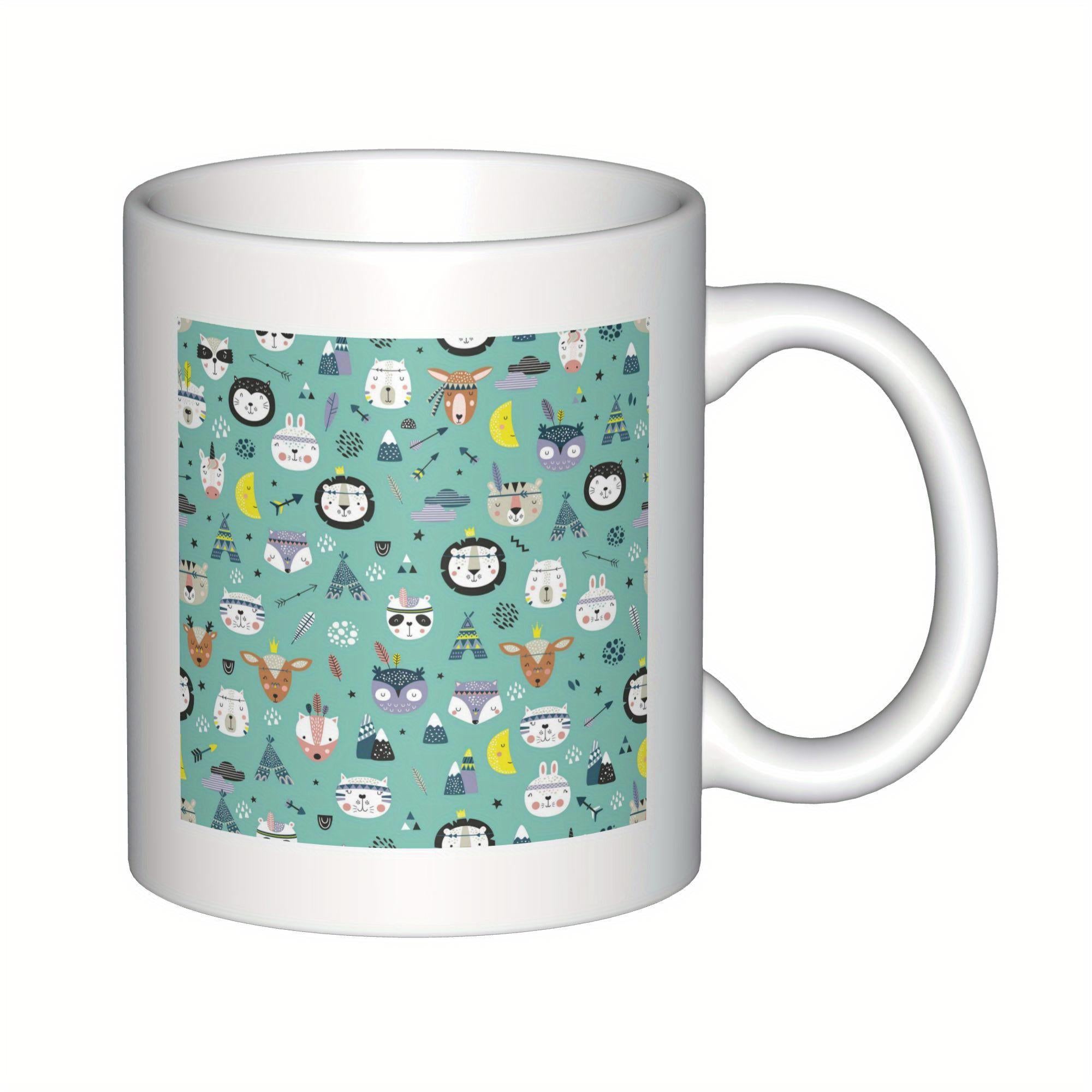 Tailorly White Ceramic 11 oz Mug - Cute Scandinavian Style Cartoon Forest Animals Patterned On Teal Background Mug