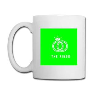 Tailorly White Ceramic 11 oz Mug - The Rings Minimalist White Outline Of Interlocking Wedding Bands Set Against Vibrant Green Square Ring