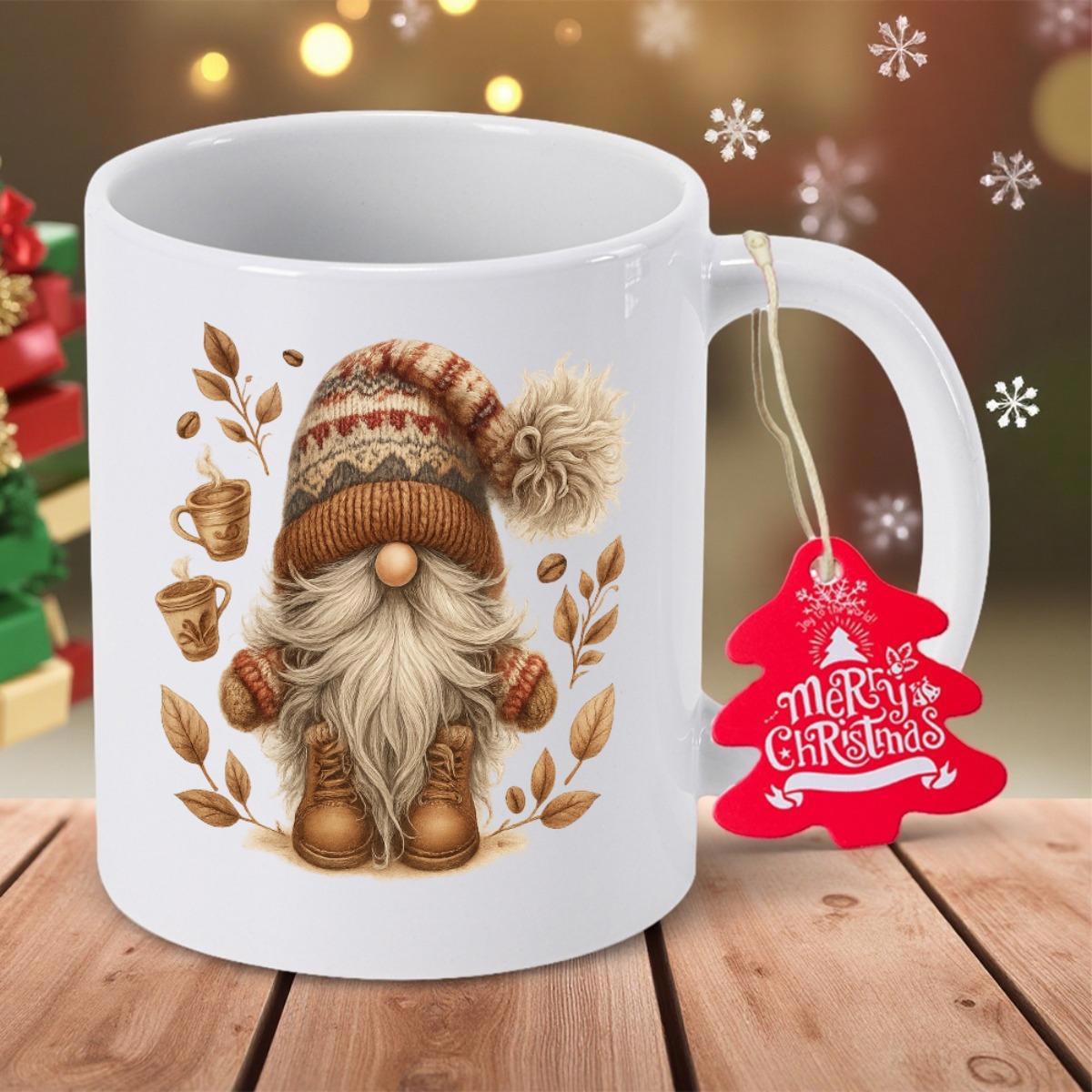 Tailorly White Ceramic 11 oz Mug - Merry Christmas Cozy Winter Gnome Wearing Knitted Hat Among Coffee Cups And Leaves Gnome