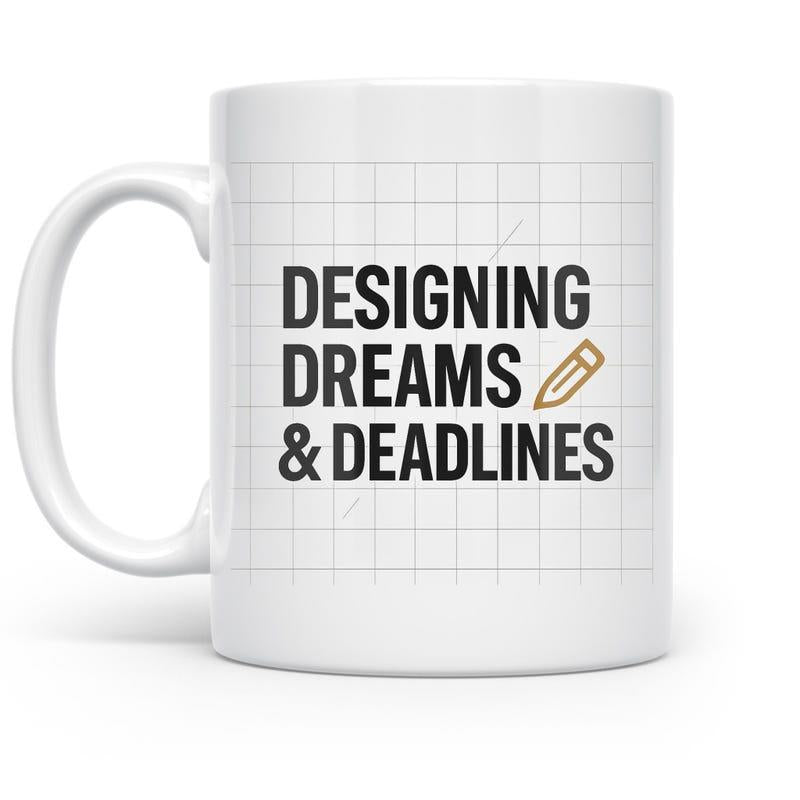 Tailorly White Ceramic 11 oz Mug - Designing Dreams Deadlines Minimalist Creative Workspace Aesthetic Featuring A Drafting Grid Pattern Under A Small Pencil