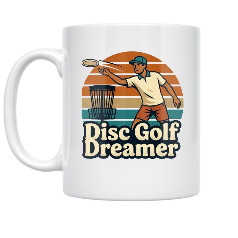 Tailorly White Ceramic 11 oz Mug - Disc Golf Dreamer Retro Striped Sunset Background With Professional Athlete Throwing Flying Disc Player
