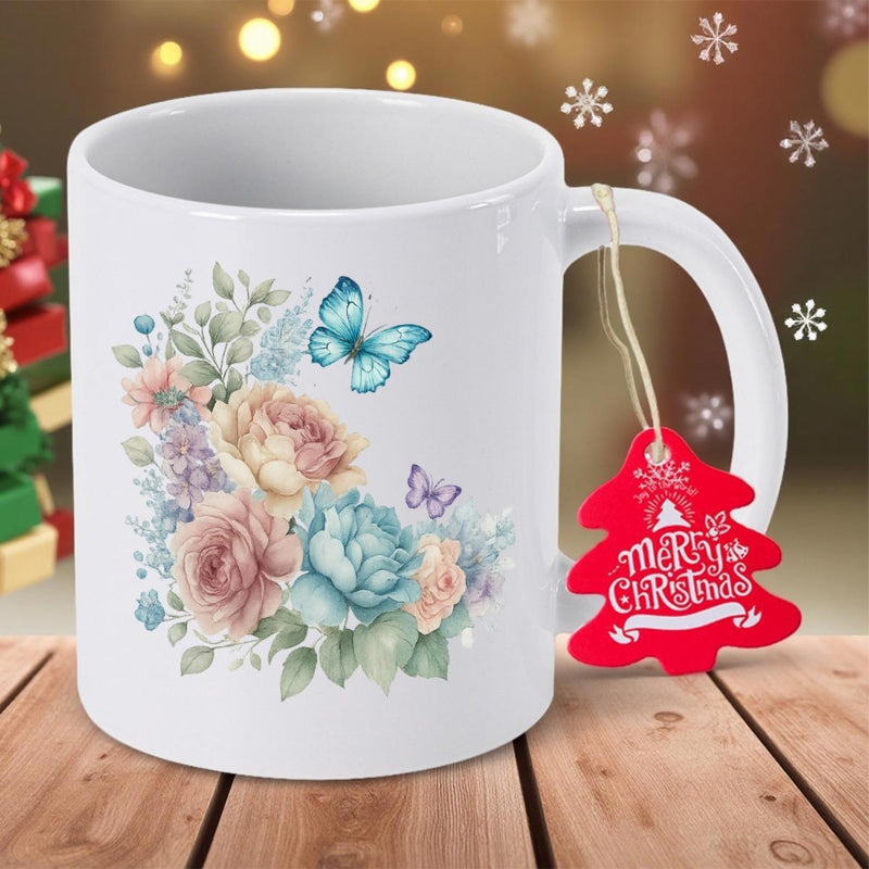 Tailorly White Ceramic 11 oz Mug - Merry Christmas Delicate Watercolor Roses And Blue Butterflies Among Soft Green Foliage Flower