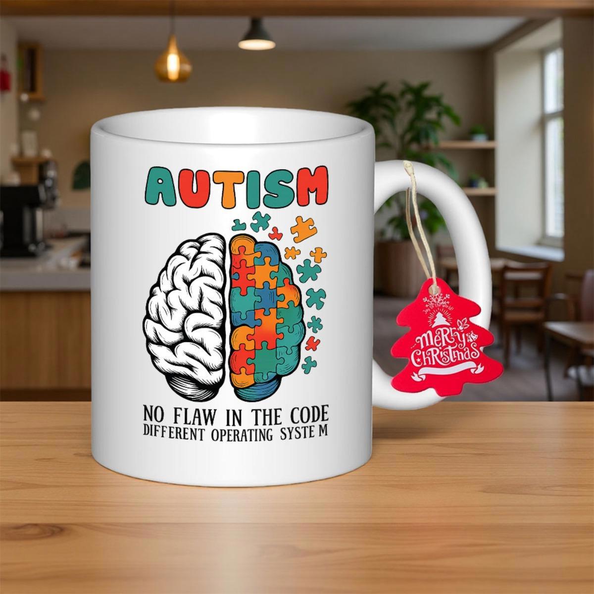 Tailorly White Ceramic 11 oz Mug - Autism No Flaw In The Code Different Operating System Vibrant Colorful Puzzle Pieces Forming Half Of A Human Brain