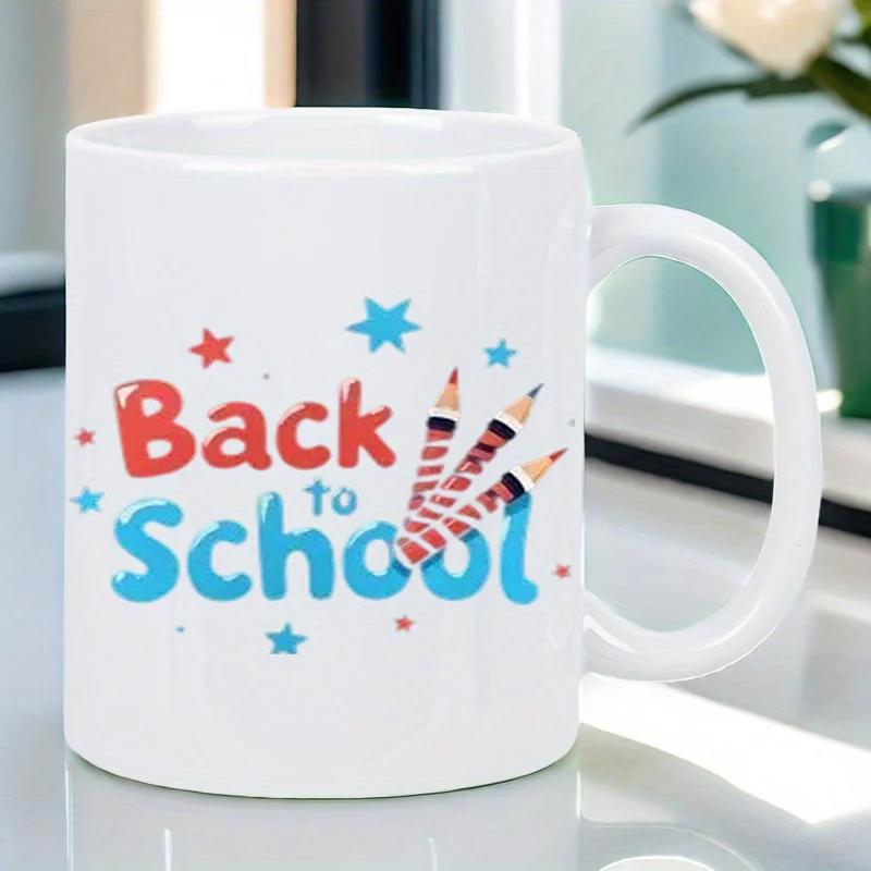 Tailorly White Ceramic 11 oz Mug - Back To School Colorful Striped Drawing Tools Among Sparkling Bright Multi Color Little Stars Pencils