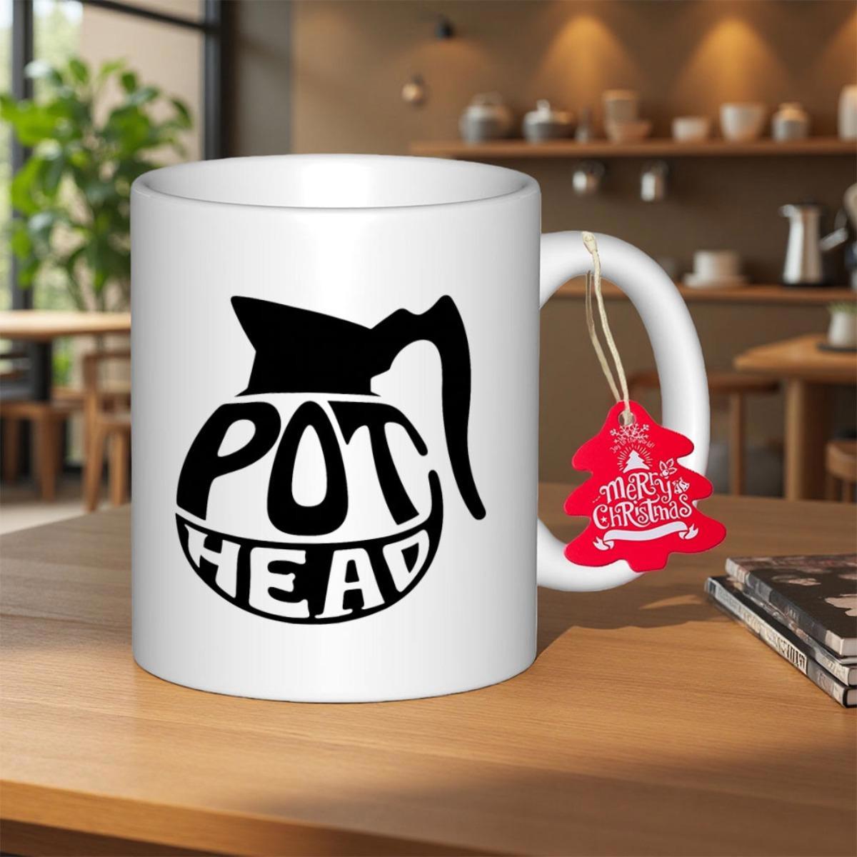 Tailorly White Ceramic 11 oz Mug - Pot Head Minimalist Black Silhouette Style Coffee Server With Bold Stylized Typography Coffee Pot