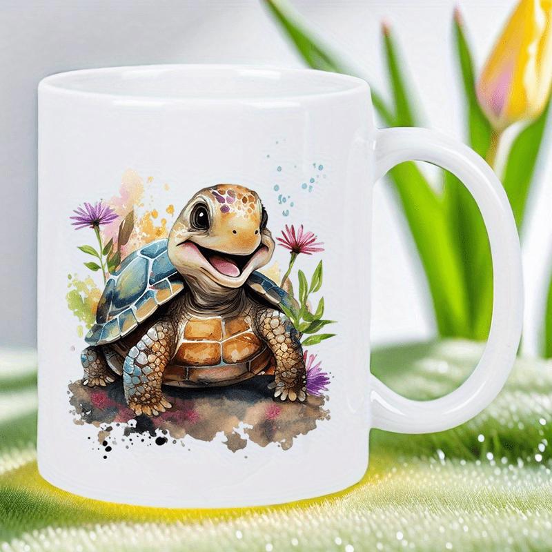 Tailorly White Ceramic 11 oz Mug - Adorable Smiling Watercolor Illustration With Vibrant Flowers And Lush Green Leaves Turtle