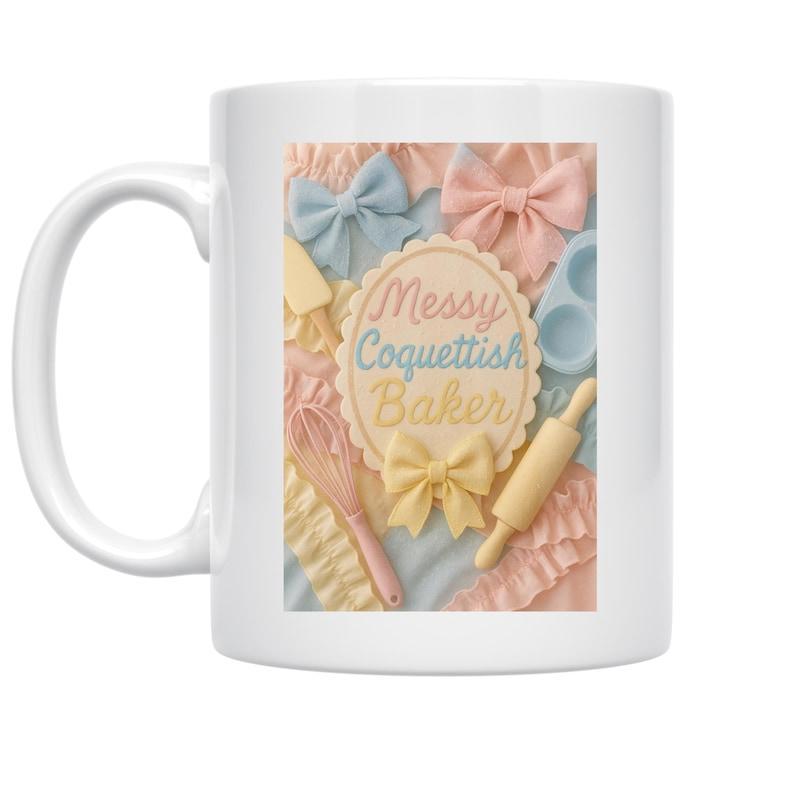 Tailorly White Ceramic 11 oz Mug - Messy Coquettish Baker Colorful Cute Pastel Bows Among Baking Tools And Ruffles Baker