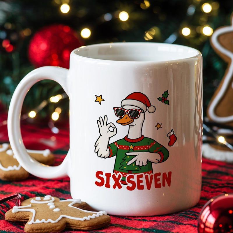 Tailorly White Ceramic 11 oz Mug - Six Seven Festive Wearing Red Santa Hat And Sunglasses With Holiday Patterned Sweater Goose