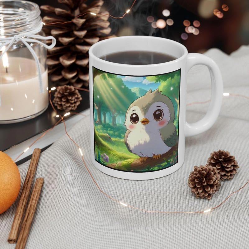 Tailorly White Ceramic 11 oz Mug - Enchanted Woodland Forest With Gentle Sunbeams Surrounding A Small Adorable Owl