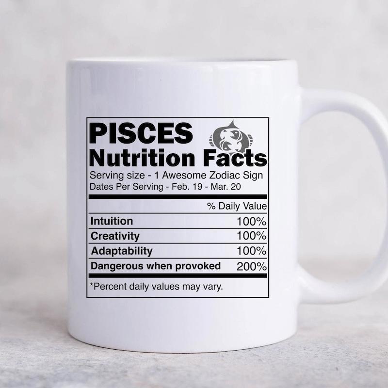 Tailorly White Ceramic 11 oz Mug - Pisces Nutrition Facts Creative Information Label Design With Stylized Text And Symbolic Fish Icon Sign