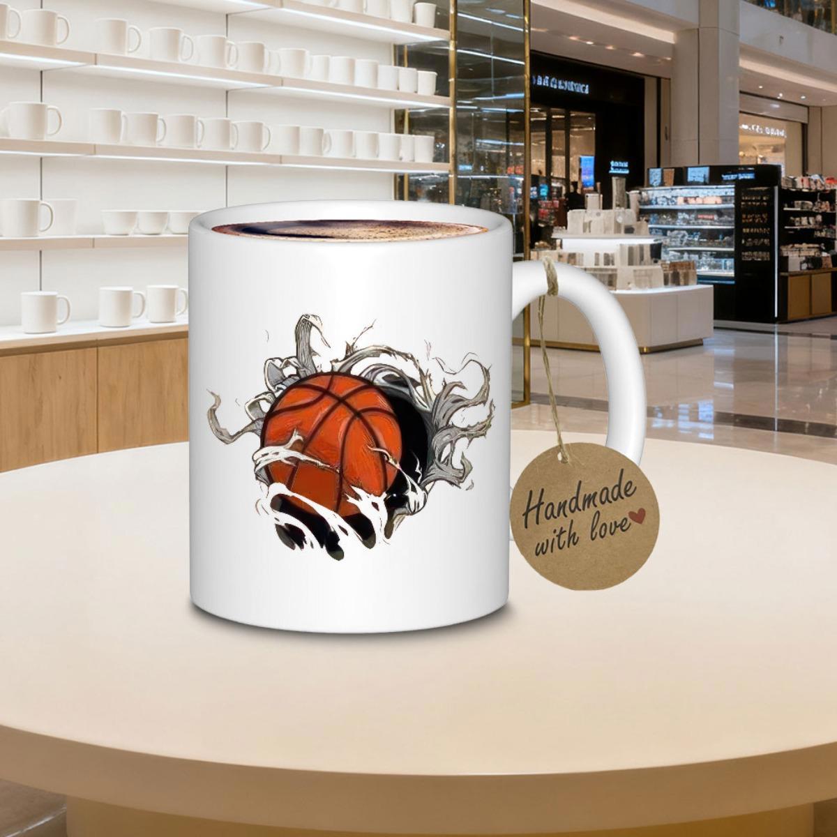 Tailorly White Ceramic 11 oz Mug - Dynamic Bursting Motion With Splashing Ink And Energetic Swirls Around Basketball