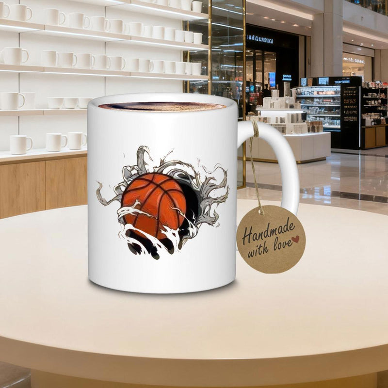 Tailorly White Ceramic 11 oz Mug - Dynamic Bursting Motion With Splashing Ink And Energetic Swirls Around Basketball