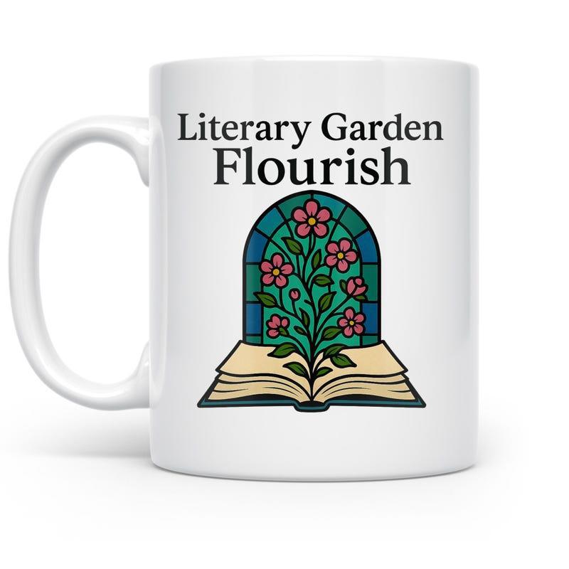 Tailorly White Ceramic 11 oz Mug - Literary Garden Flourish Blooming Pink Flowers Growing From An Open Book Inside Stained Glass Book