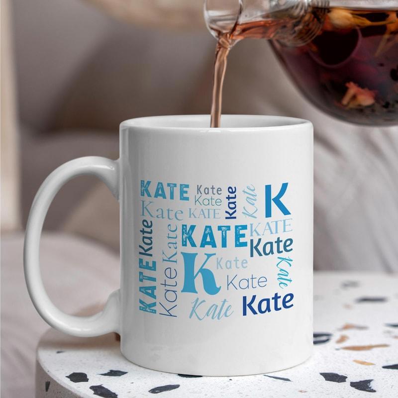 Tailorly White Ceramic 11 oz Mug - Kate Artistic Word Cloud Arrangement With Multiple Blue Shades And Sizes Mug
