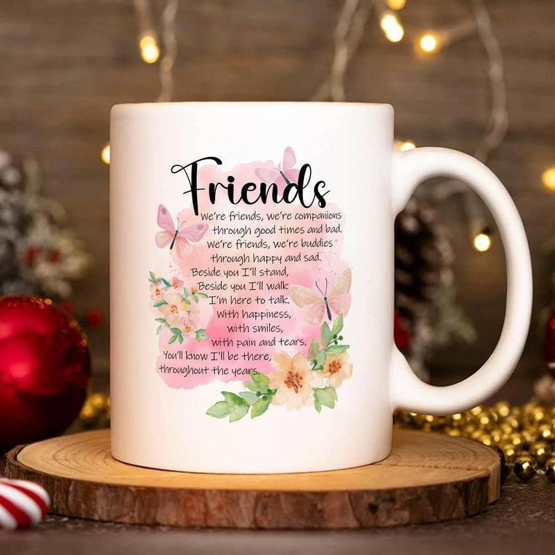 Tailorly White Ceramic 11 oz Mug - Friends Pink Watercolor Artistic Splash With Blooming Spring Garden Flowers Butterfly