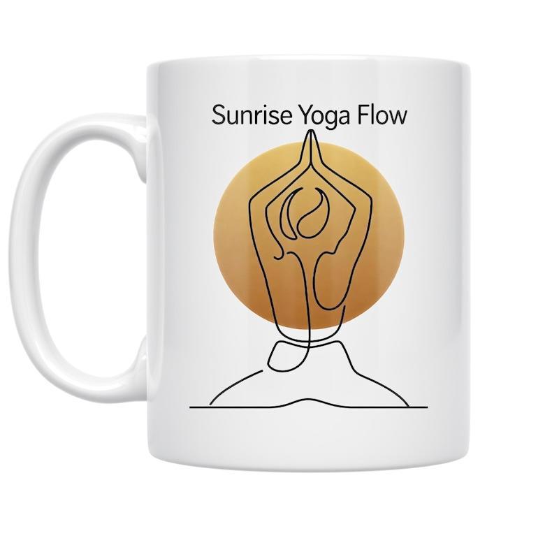 Tailorly White Ceramic 11 oz Mug - Sunrise Yoga Flow Minimalist Black Line Art Of A Person Meditating Before Sun Silhouette