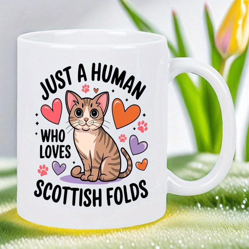 Tailorly White Ceramic 11 oz Mug - Just A Human Who Loves Scottish Folds Charming Cartoon Tabby Cat Sitting Among Vibrant Hearts And Paw Prints Scottish Fold