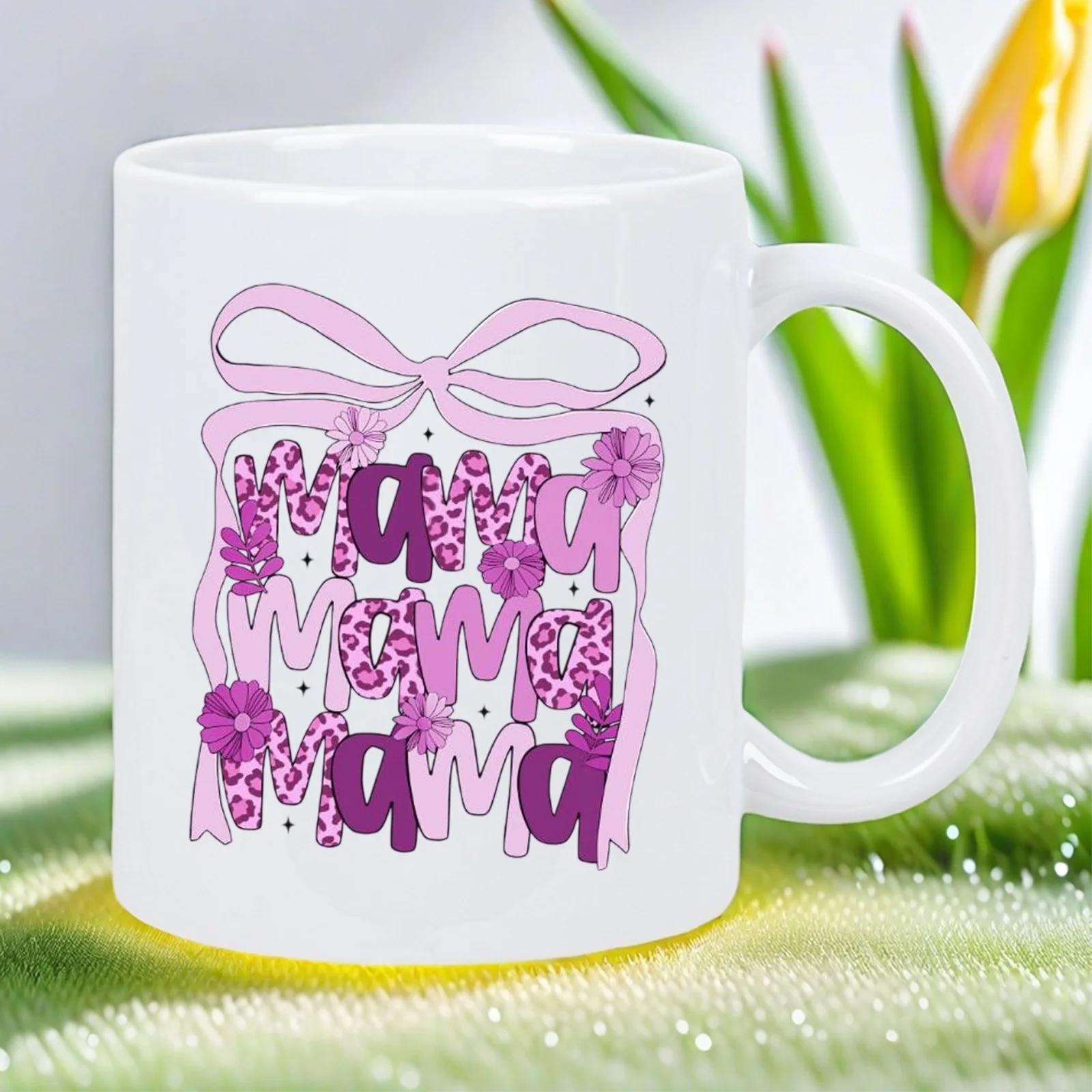 Tailorly White Ceramic 11 oz Mug - Mama Decorative Pink Ribbon With Leopard Letters And Flowers Bow