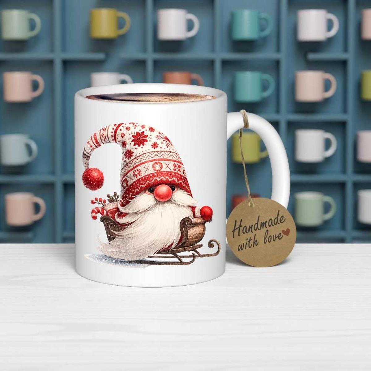 Tailorly White Ceramic 11 oz Mug - Handmade With Love Festive Christmas Gnome Riding A Decorative Wooden Sleigh Gnome