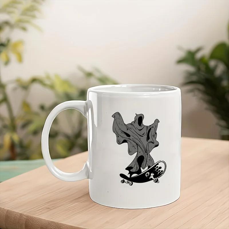 Tailorly White Ceramic 11 oz Mug - Floating Dark Specter Performing A Kickflip On A Professional Skateboard Specter