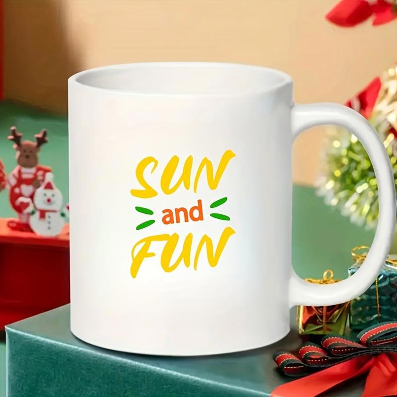 Tailorly White Ceramic 11 oz Mug - Sun And Fun Bright Yellow Artistic Brush Lettering With Simple Vibrant Green Accents Art