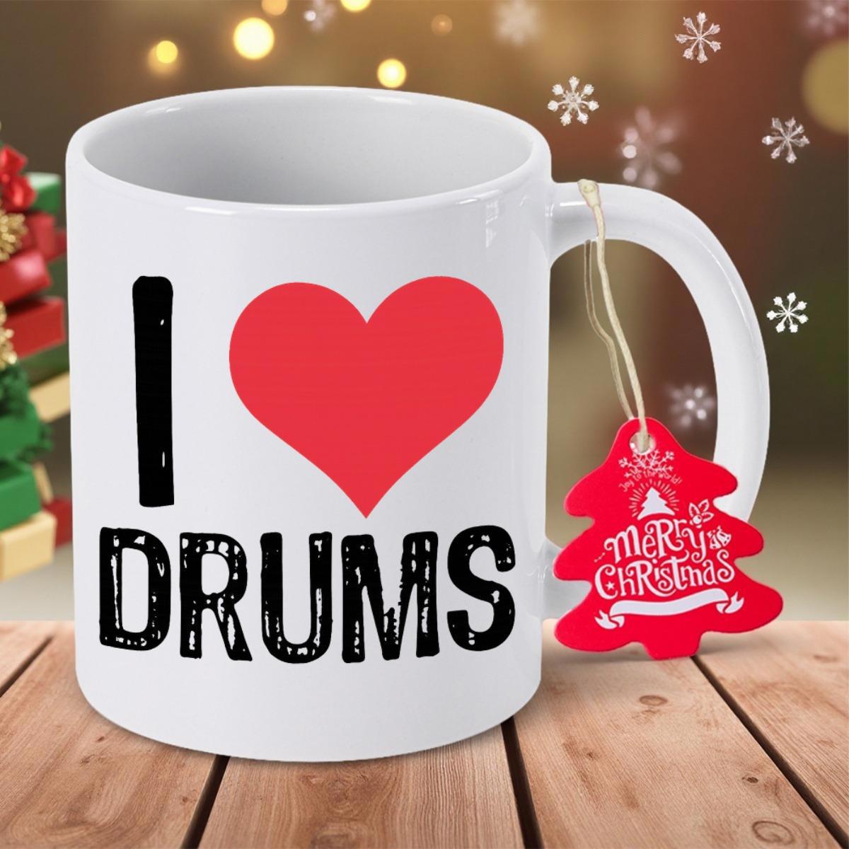 Tailorly White Ceramic 11 oz Mug - I Drums Vibrant Red Symbol Paired With Artistic Distressed Hand Drawn Lettering Heart