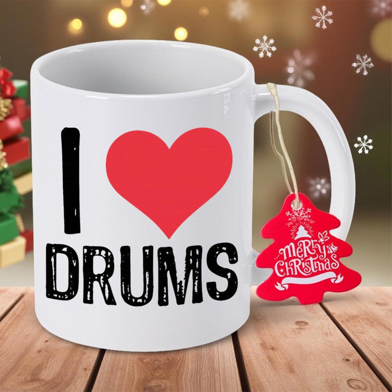 Tailorly White Ceramic 11 oz Mug - I Drums Vibrant Red Symbol Paired With Artistic Distressed Hand Drawn Lettering Heart