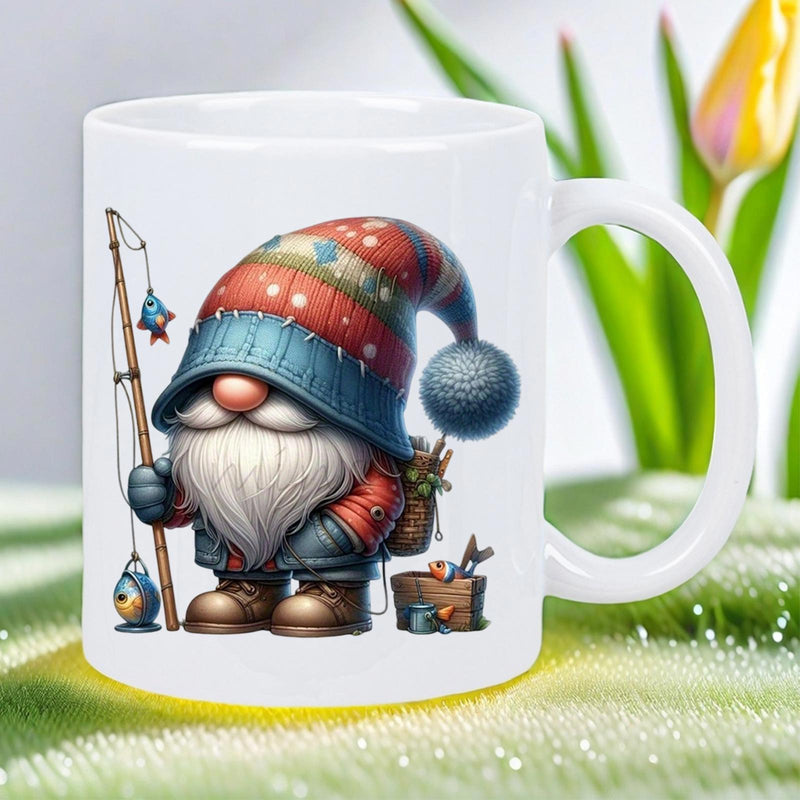 Tailorly White Ceramic 11 oz Mug - Charming Fisherman Wearing Knitted Hat Holding Fishing Rod Gnome