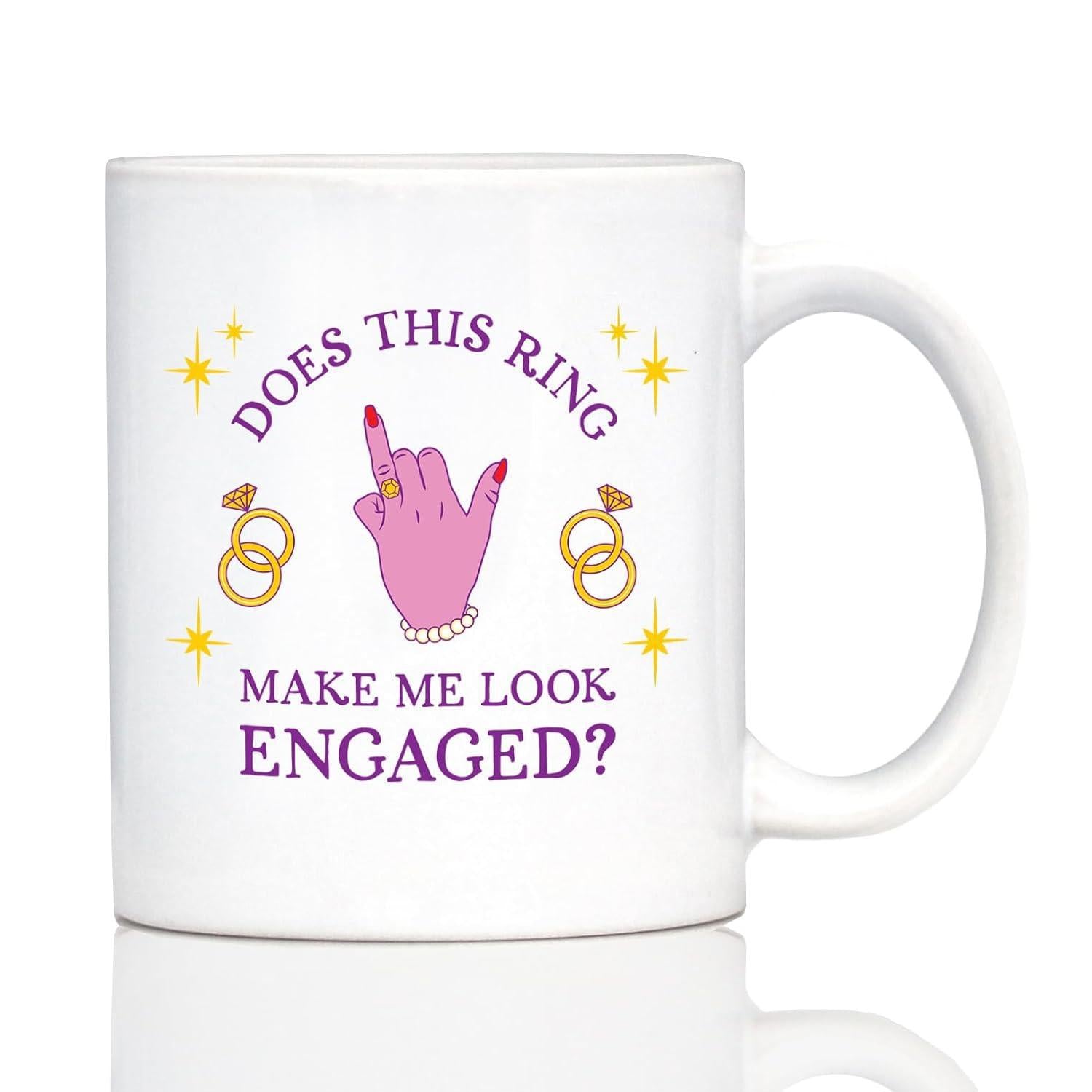 Tailorly White Ceramic 11 oz Mug - Does This Ring Make Me Look Engaged Pink Hand With Ring Surrounded By Sparkling Stars And Small Rings Hand